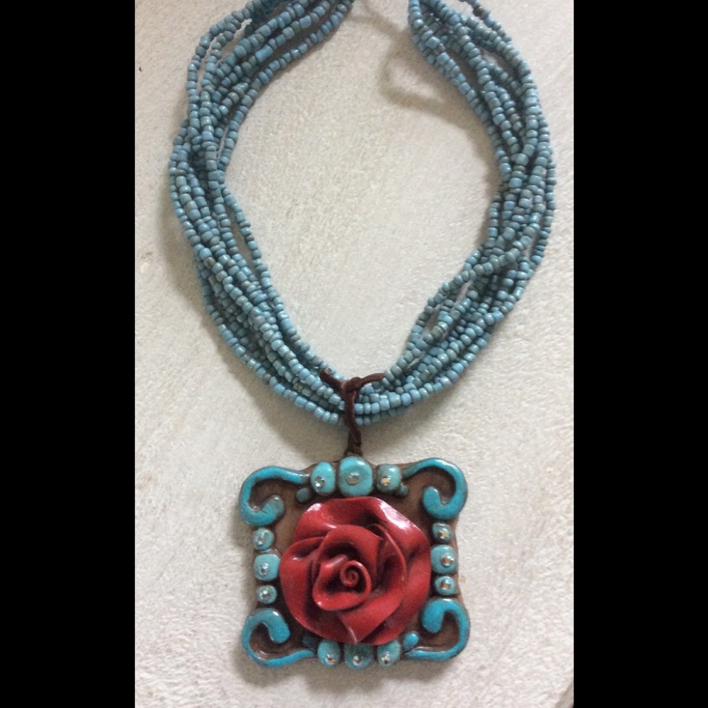 Same Spirit Clay Necklace Flower Turquoise & Red